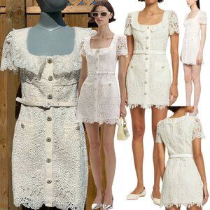 🆕 SELF-PORTRAIT 🧿 NWT Cream Guipure Lace Belted Mini Dress, Sz UK 10 US 6